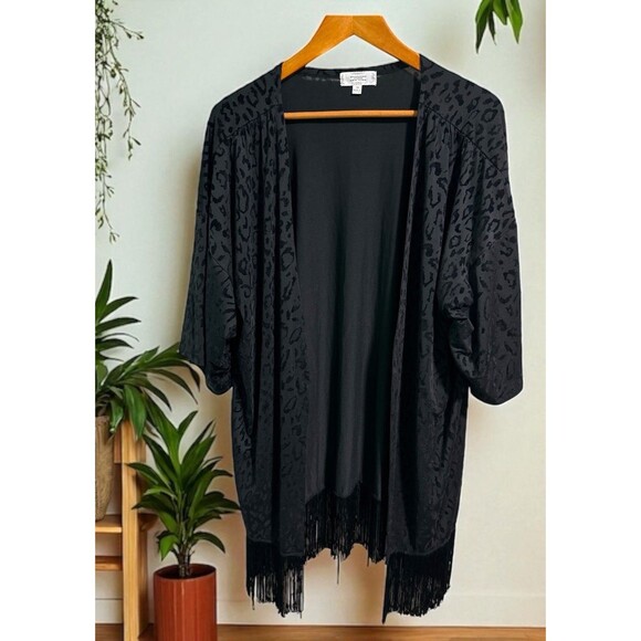 Shannon Ford Cardigan 1X Black Velvet Burnout Witchy Animal Print Fringe Kimono - Picture 1 of 6